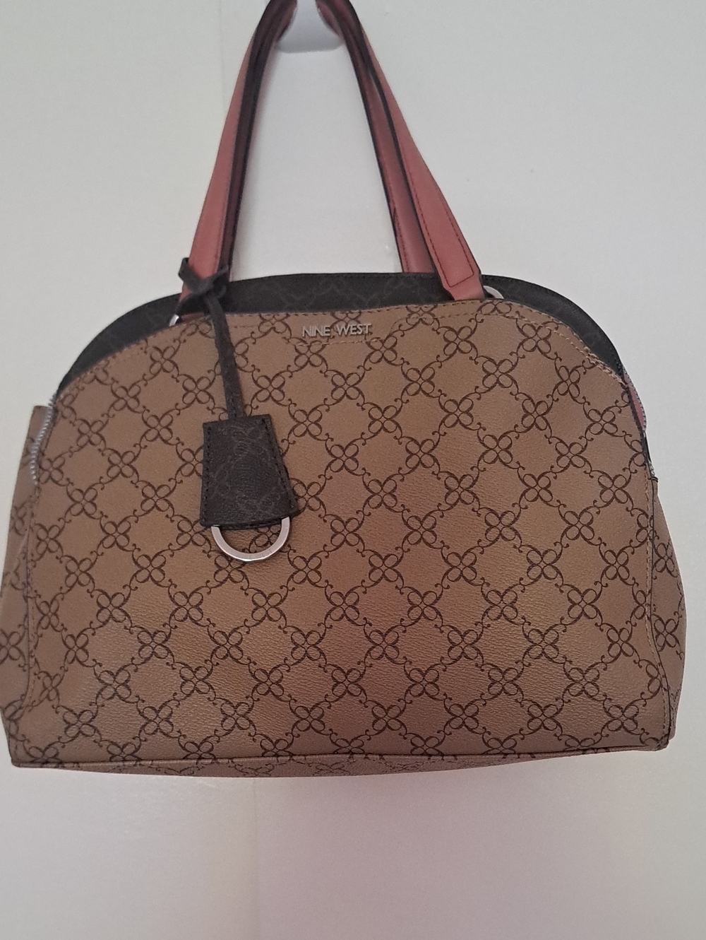 Nine West Brown Logo Satchel with Pink Handles and Dark Trim